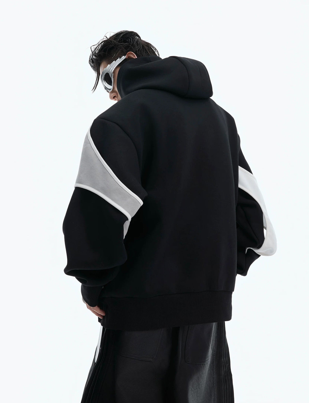 Layered Tie-Detail Padded-Shoulder T-Shirt — Black — back view 1