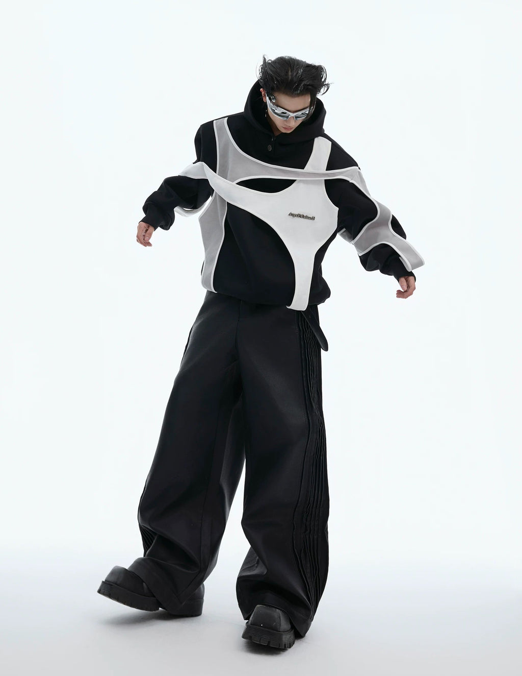 Layered Tie-Detail Padded-Shoulder T-Shirt — Black — styling view 5