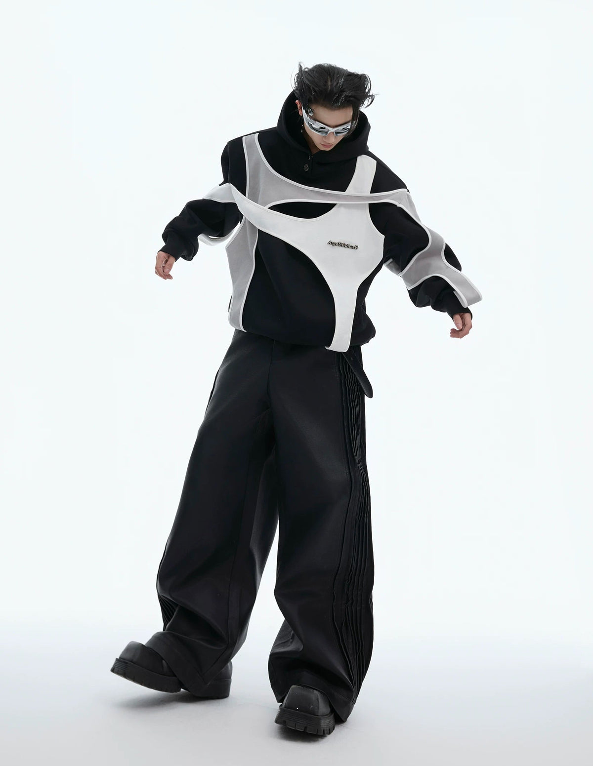 Layered Tie-Detail Padded-Shoulder T-Shirt — Black — styling view 5