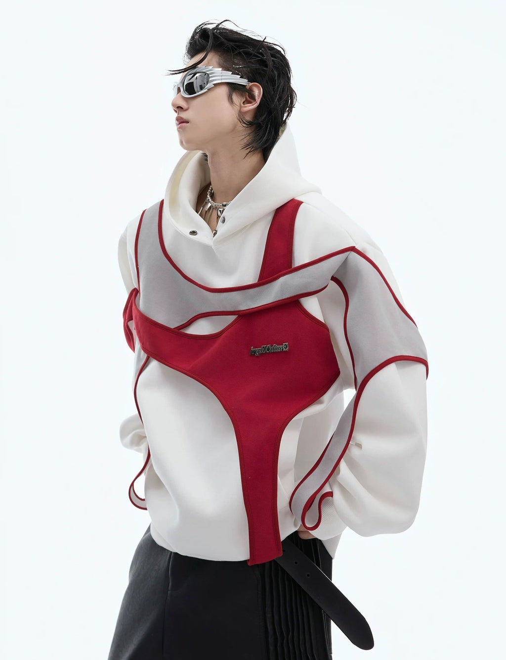 Layered Tie-Detail Padded-Shoulder T-Shirt — Red — styling view 2
