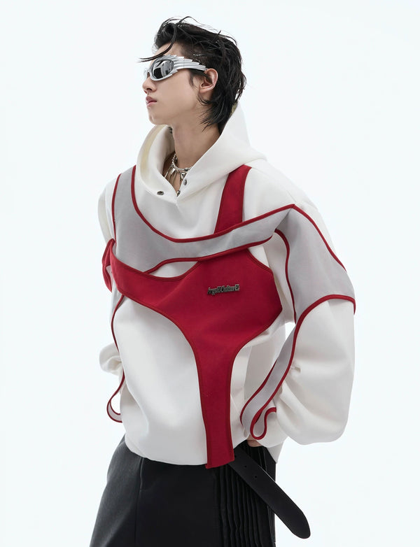 Layered Tie-Detail Padded-Shoulder T-Shirt — Red — styling view 2