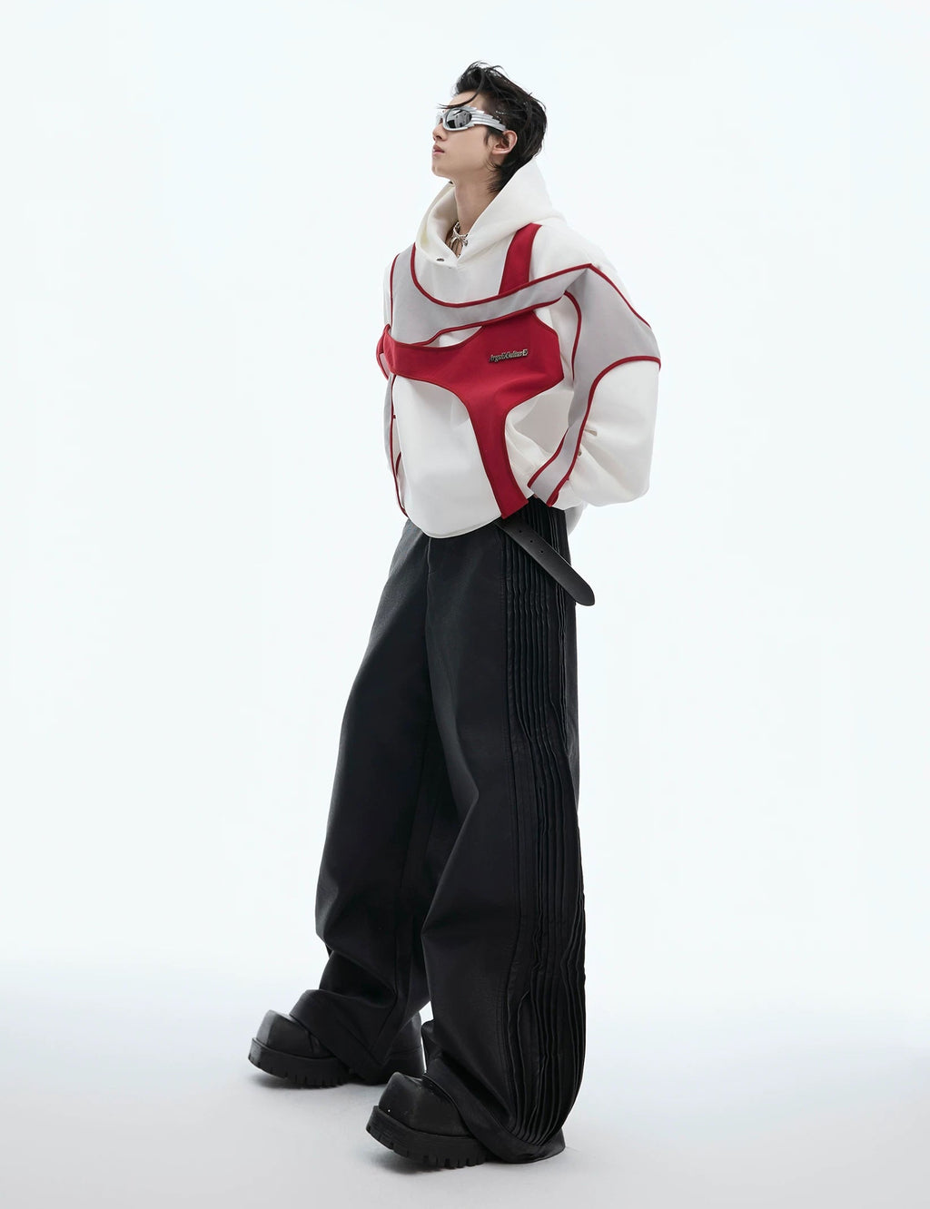 Layered Tie-Detail Padded-Shoulder T-Shirt — Red — styling view 4