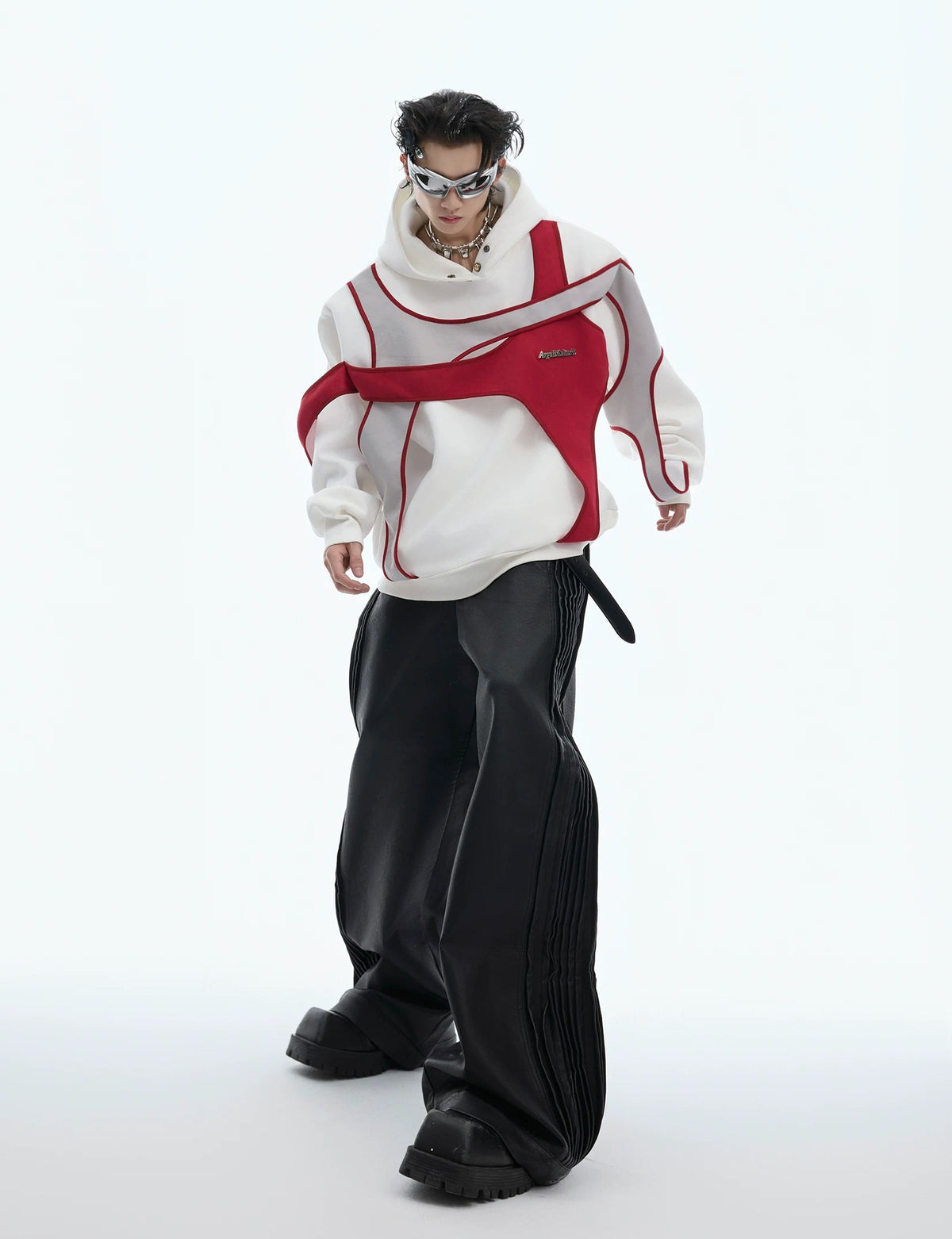 Layered Tie-Detail Padded-Shoulder T-Shirt — Red — styling view 6