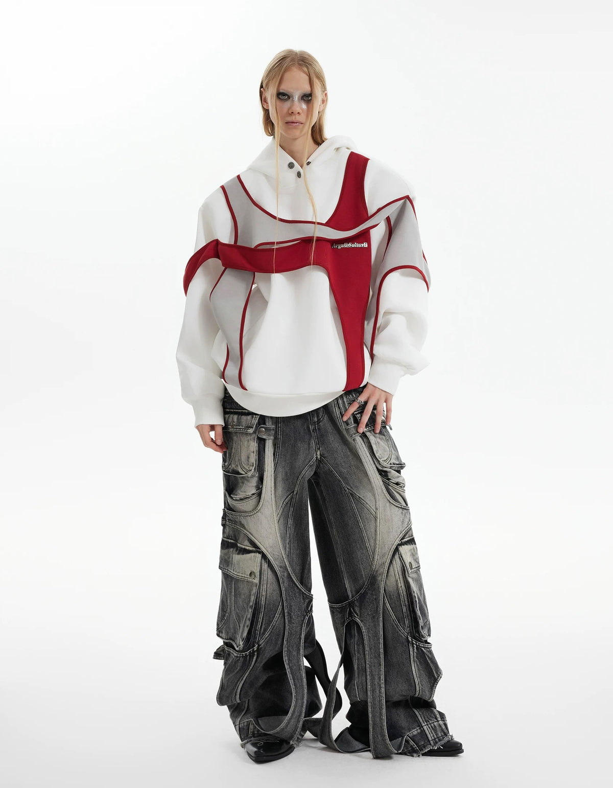 Layered Tie-Detail Padded-Shoulder T-Shirt — Red — styling view 7