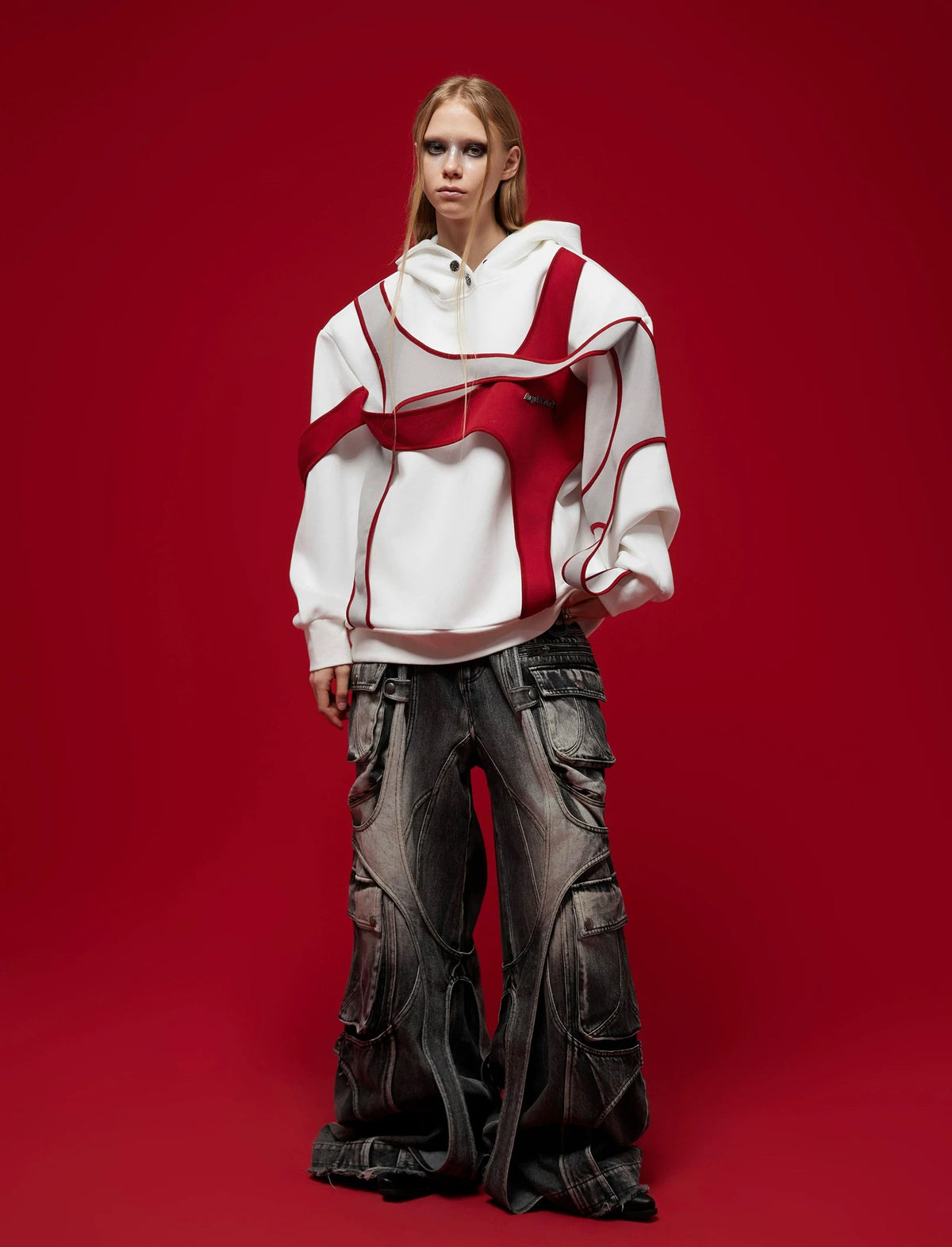 Layered Tie-Detail Padded-Shoulder T-Shirt — Red — styling view 8