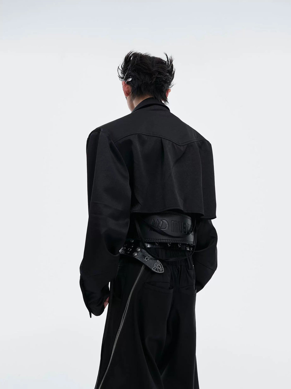 Tie-Detail Cropped Padded-Shoulder Shirt — Black — back