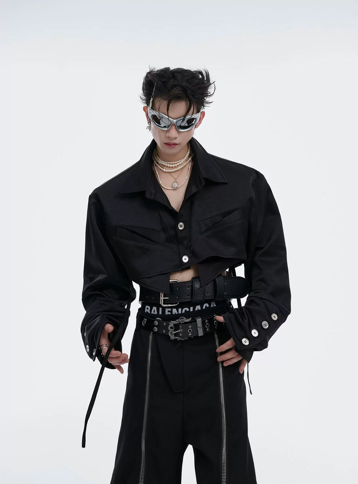 Tie-Detail Cropped Padded-Shoulder Shirt — Black — styling view 4