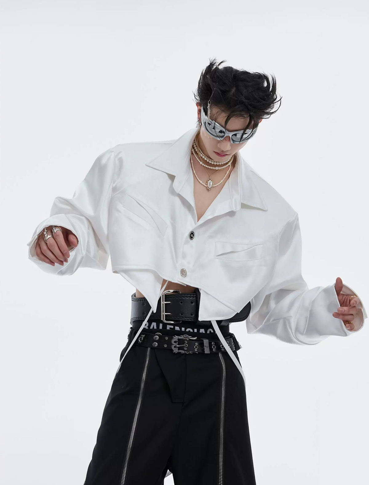 Tie-Detail Cropped Padded-Shoulder Shirt — White — styling view 2