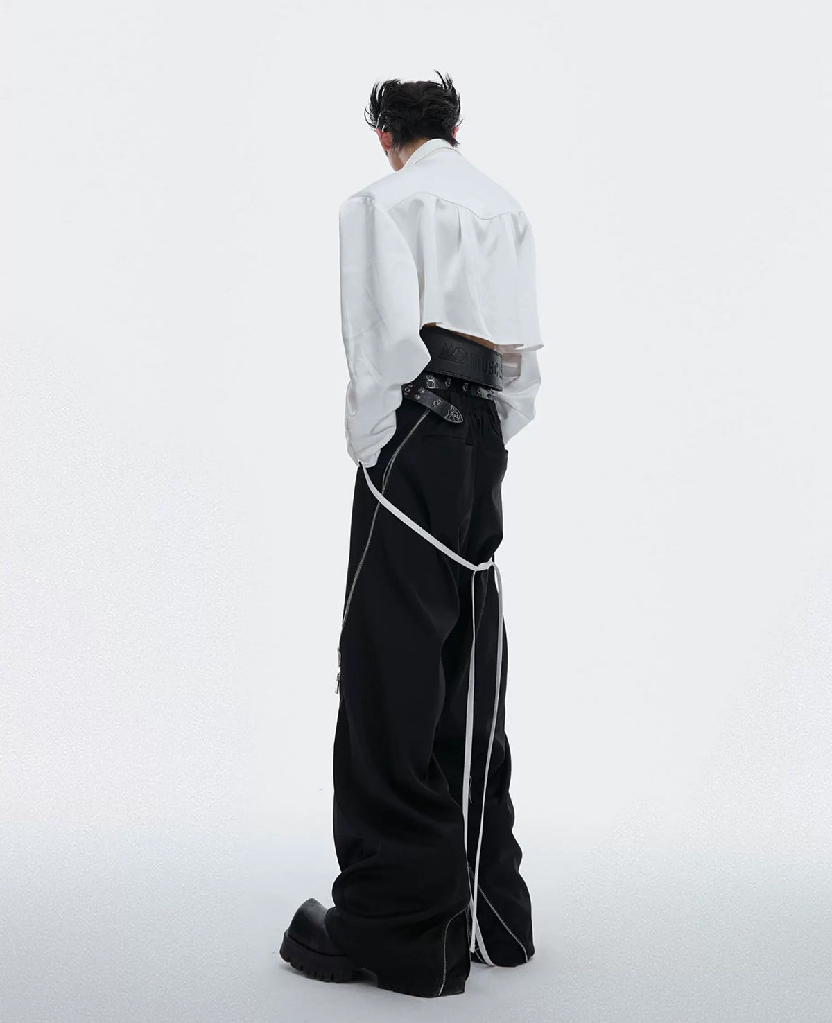 Tie-Detail Cropped Padded-Shoulder Shirt — White — back