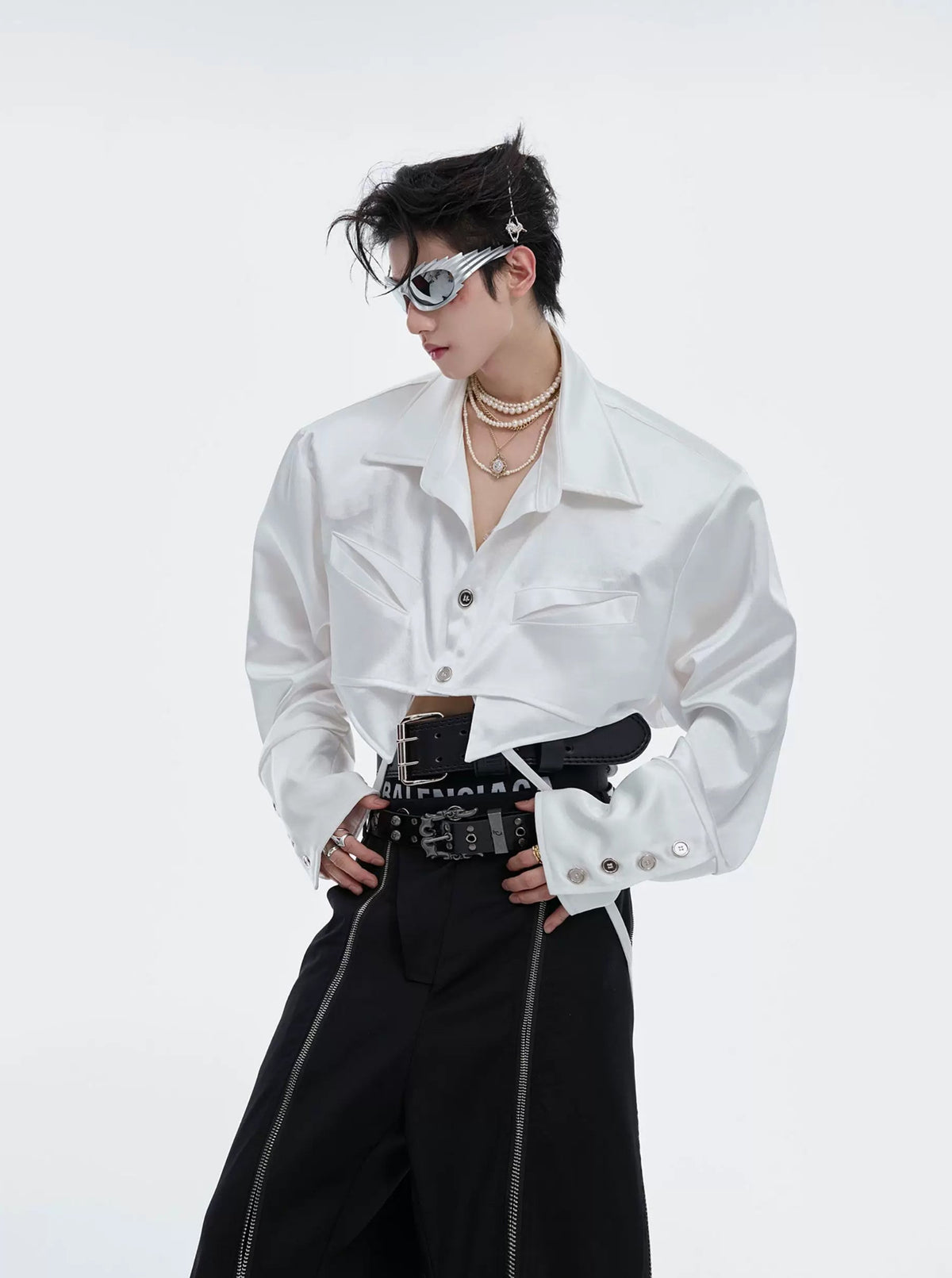 Tie-Detail Cropped Padded-Shoulder Shirt — White — styling view 3