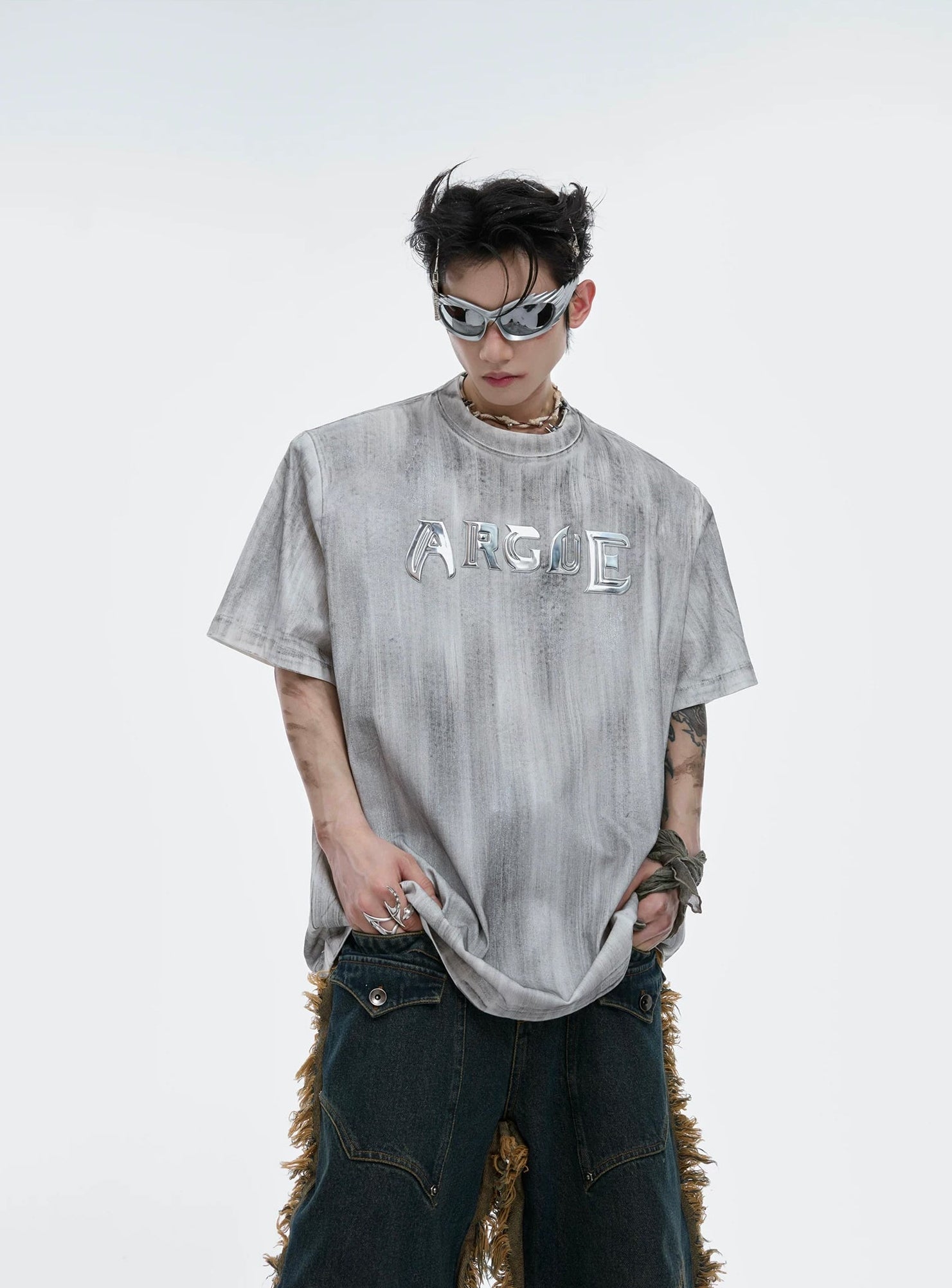 Silver-Finish Logo Padded-Shoulder T-Shirt 서브 이미지