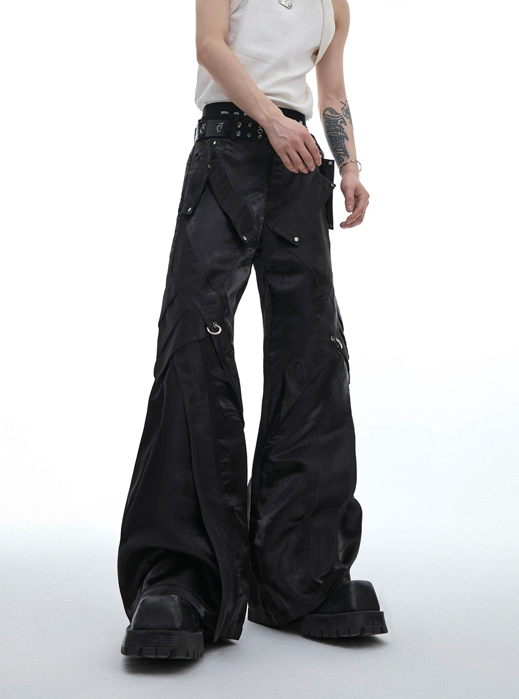 Liquid-Finish Buckled Flared Pants — Black — styling view 2