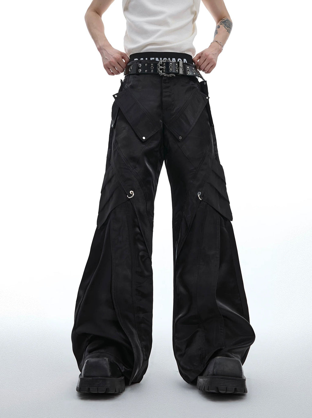 Liquid-Finish Buckled Flared Pants — Black — back