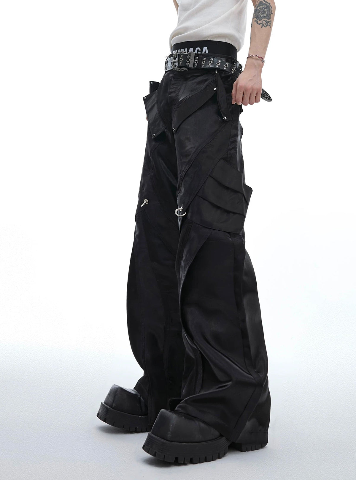 Liquid-Finish Buckled Flared Pants — Black — styling view 3