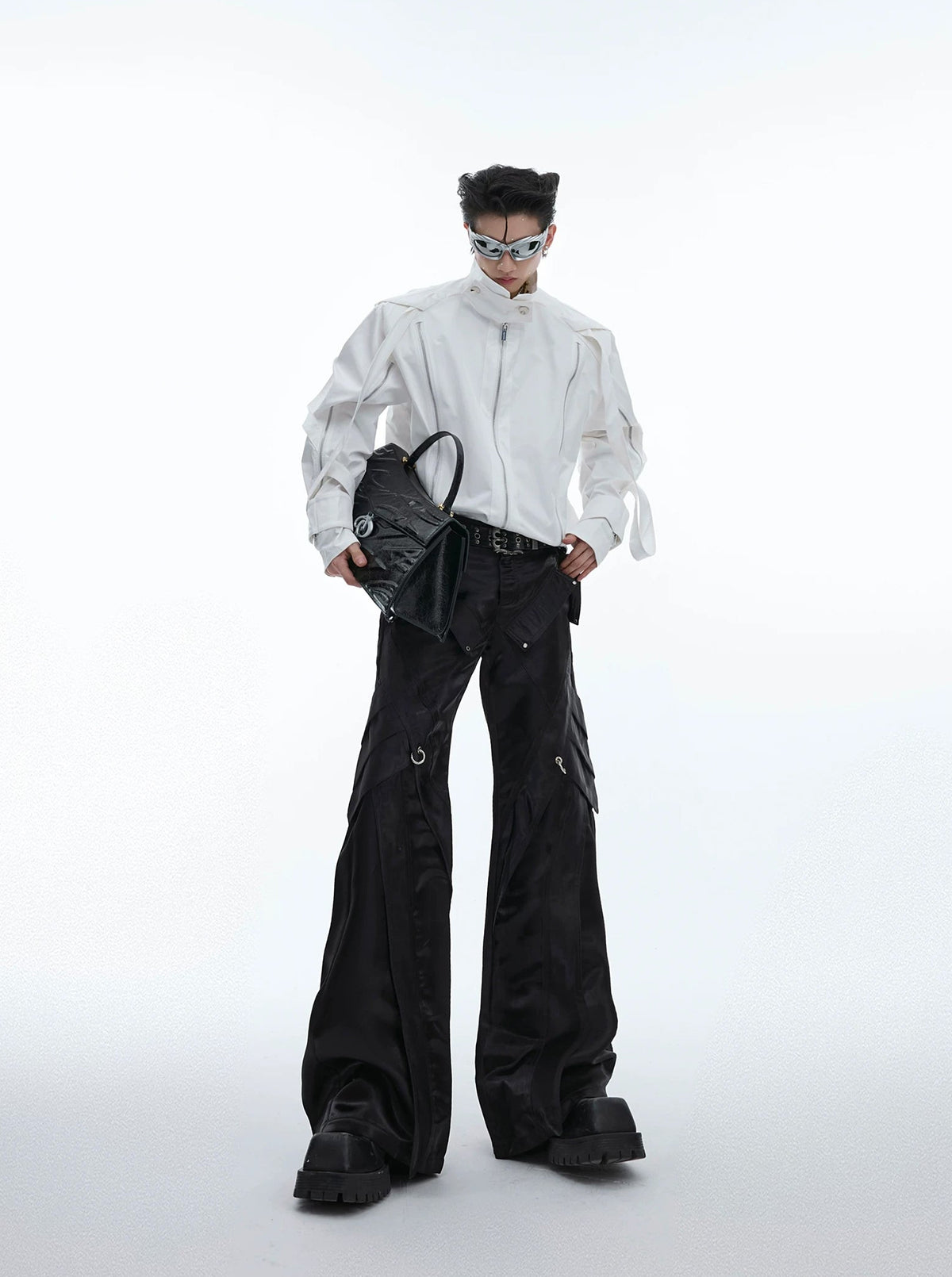 Liquid-Finish Buckled Flared Pants — Black — styling view 4
