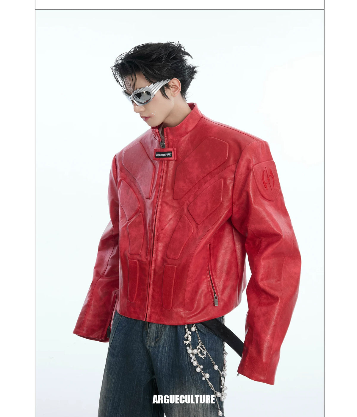 Embossed Panel Stand-Collar Moto Jacket — Red - Jacket — styling