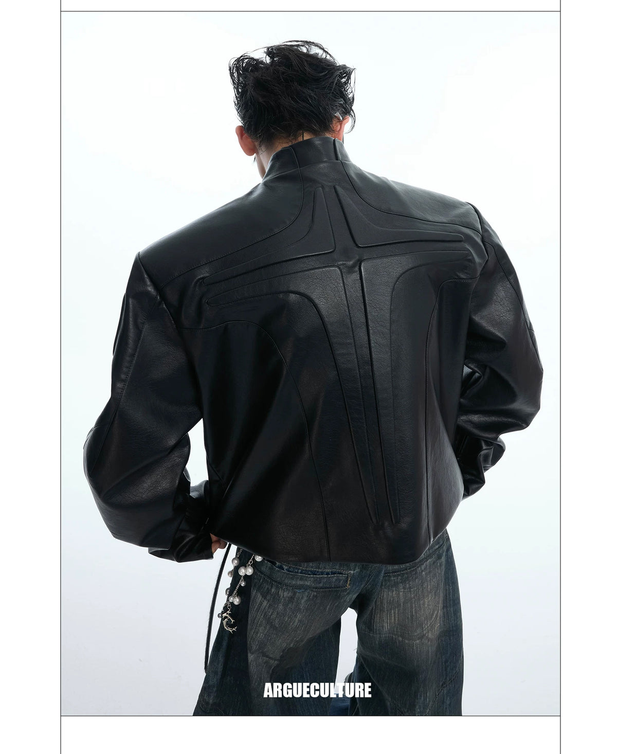 Embossed Panel Stand-Collar Moto Jacket — Black - Jacket — back
