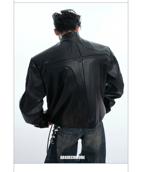 Embossed Panel Stand-Collar Moto Jacket — Black - Jacket — back