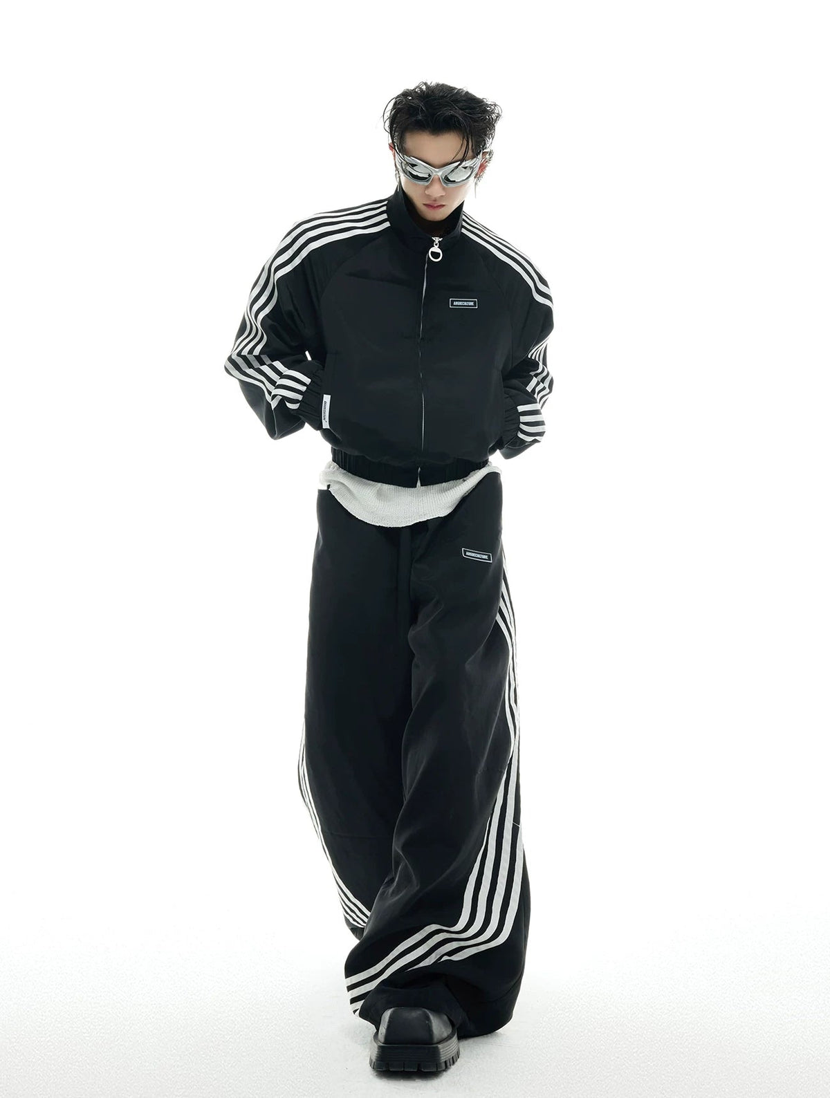 Four-Stripe Cropped Track Jacket — Black - Jacket / Black - Pants — styling view 1
