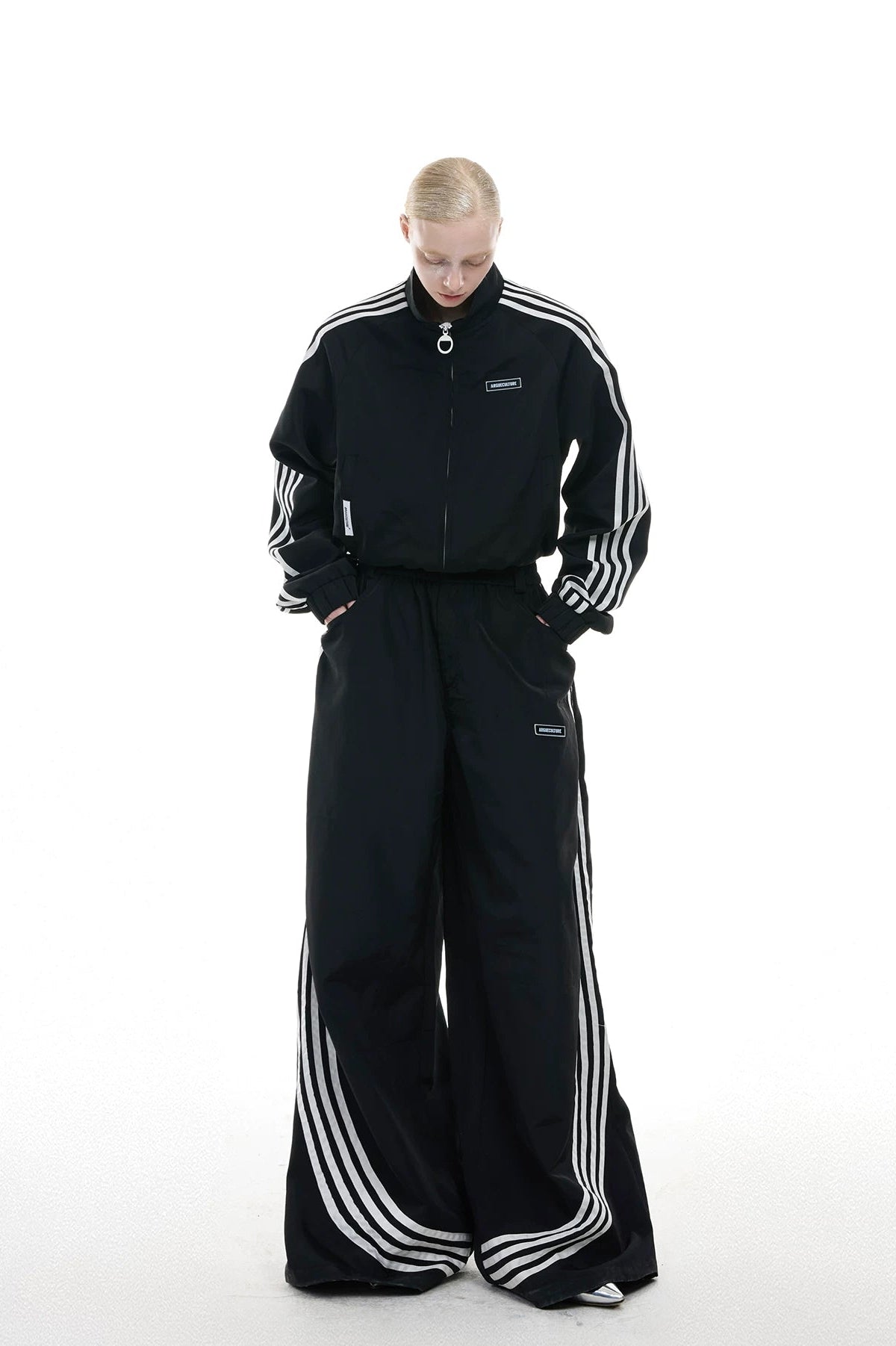 Four-Stripe Cropped Track Jacket — Black - Jacket / Black - Pants — styling view 2