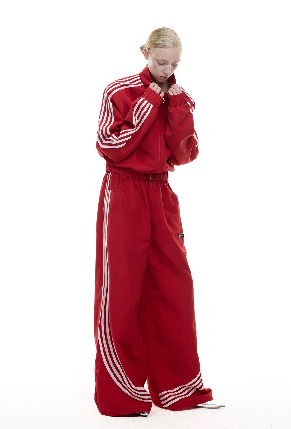 Four-Stripe Cropped Track Jacket — Red - Jacket / Red - Pants — styling view 1