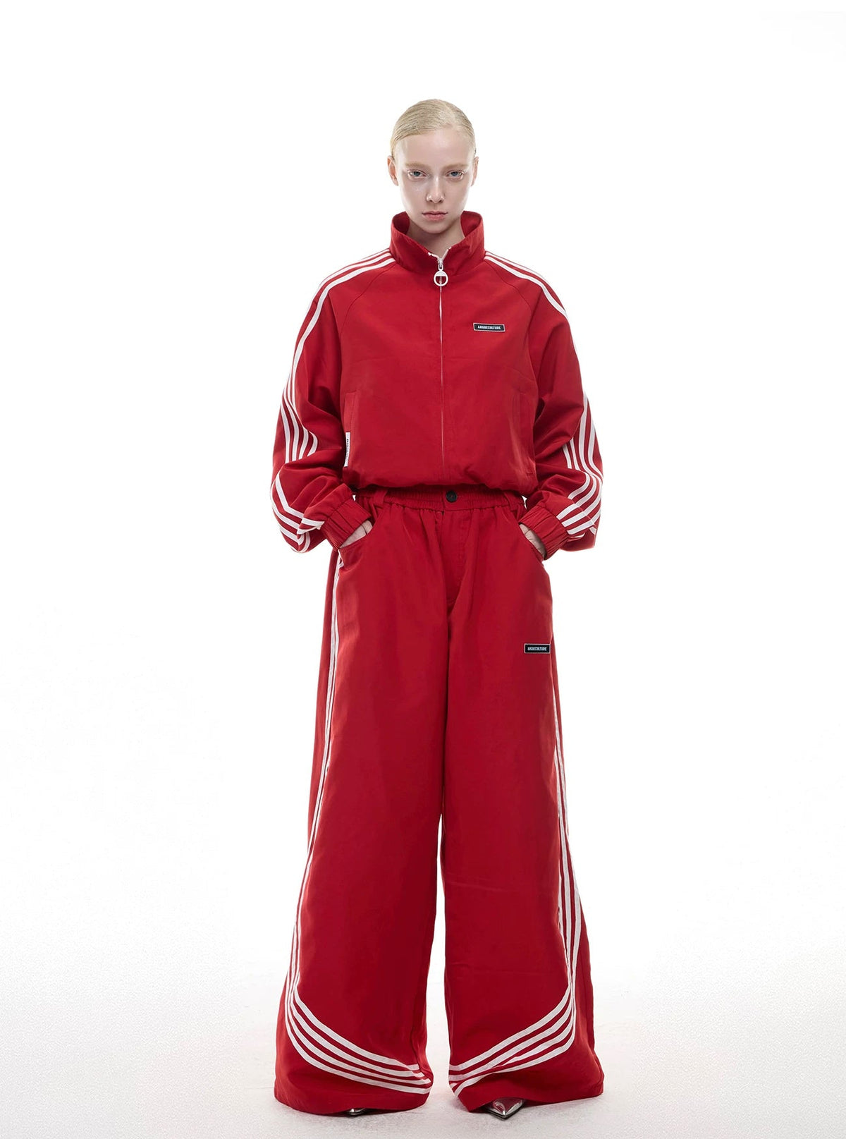 Four-Stripe Cropped Track Jacket — Red - Jacket / Red - Pants — styling view 3
