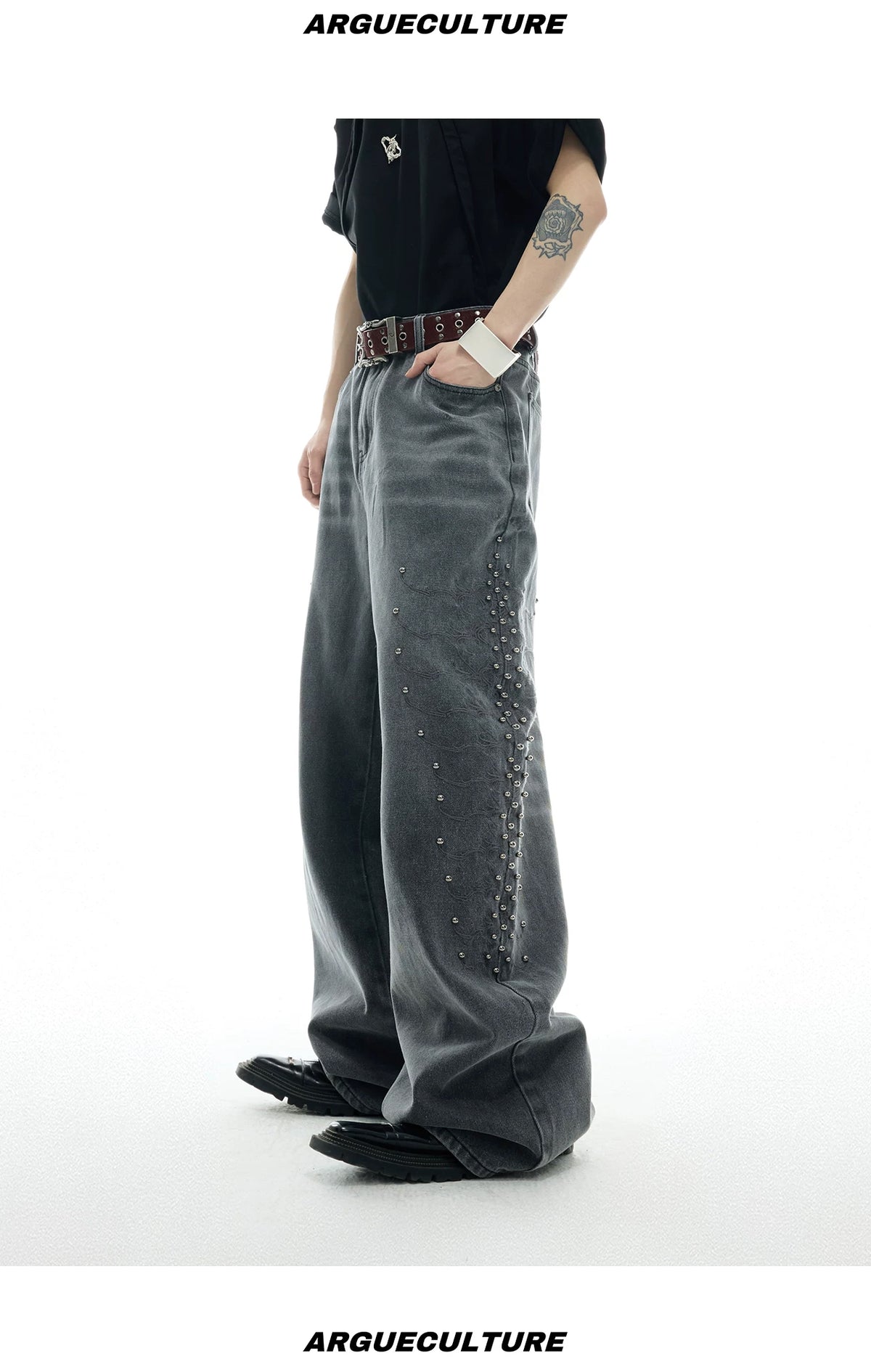 Studded Spine-Panel Washed Jeans — Gray - Pants — styling view 1
