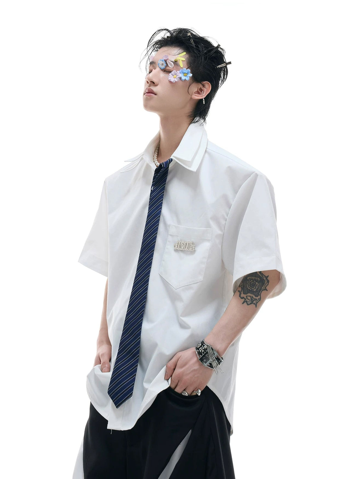 Layered Tie-Collar Short-Sleeve Shirt — White - Shirt — styling view 2