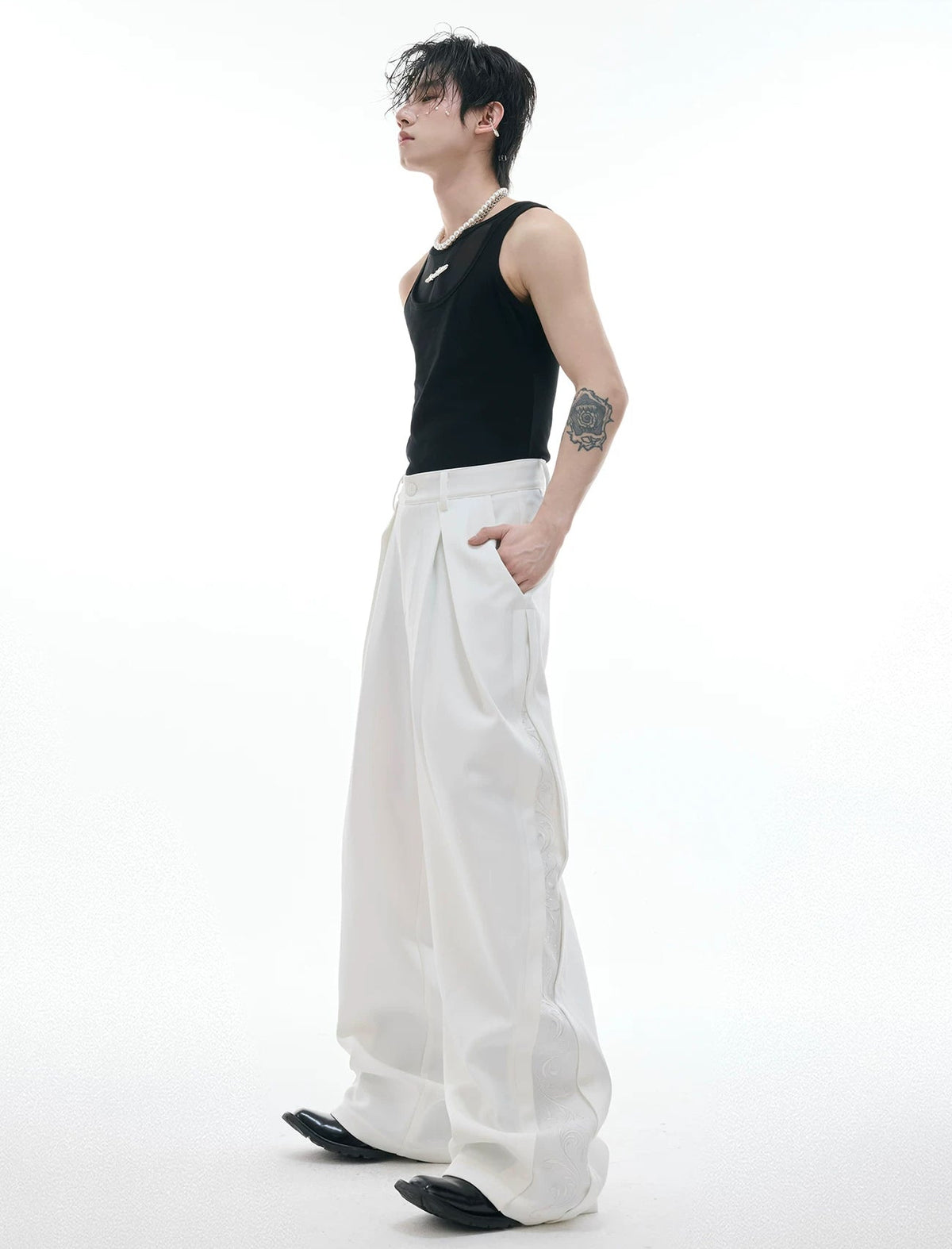 Embroidered Wide-Leg Tailored Pants — White - Pants — styling view 1