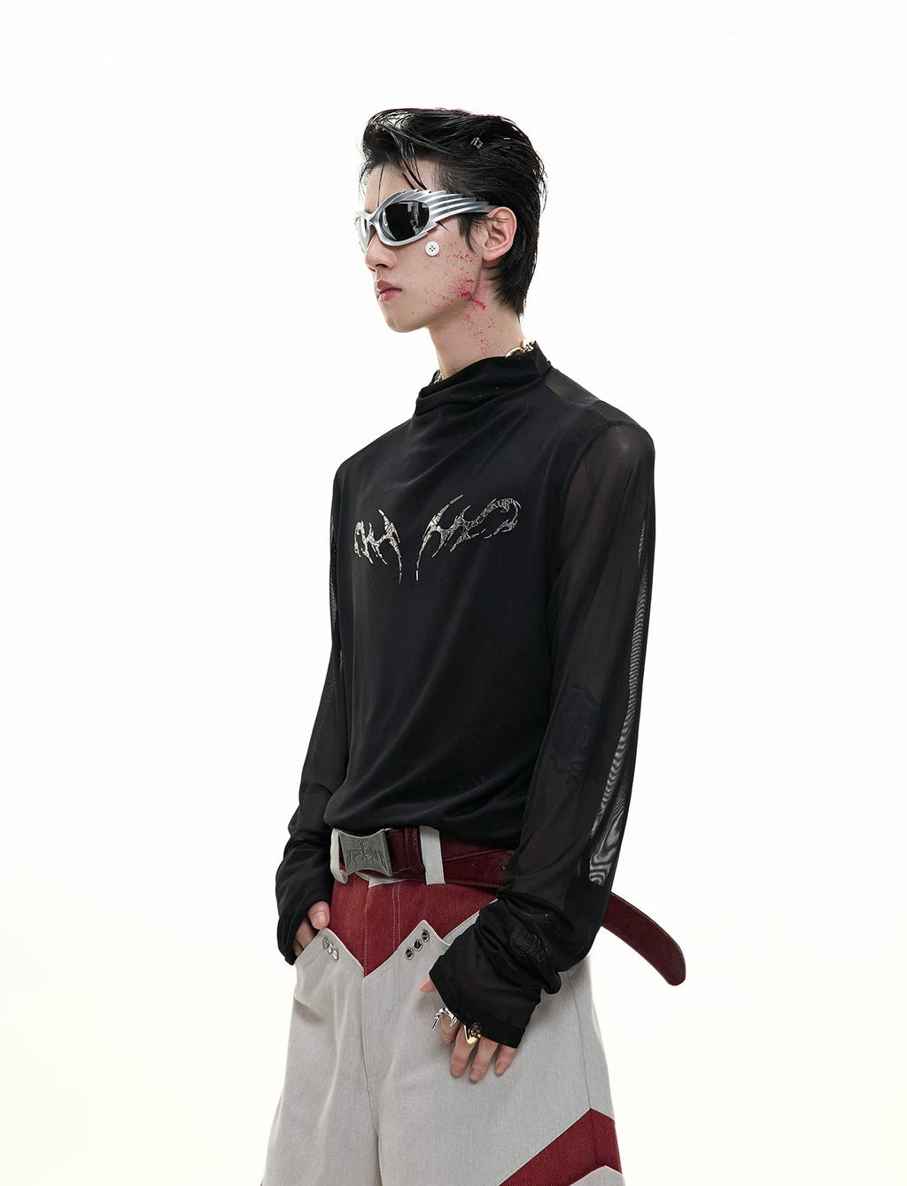 Mesh Metal-Graphic Fitted Long-Sleeve Top — Black - Jacket — styling