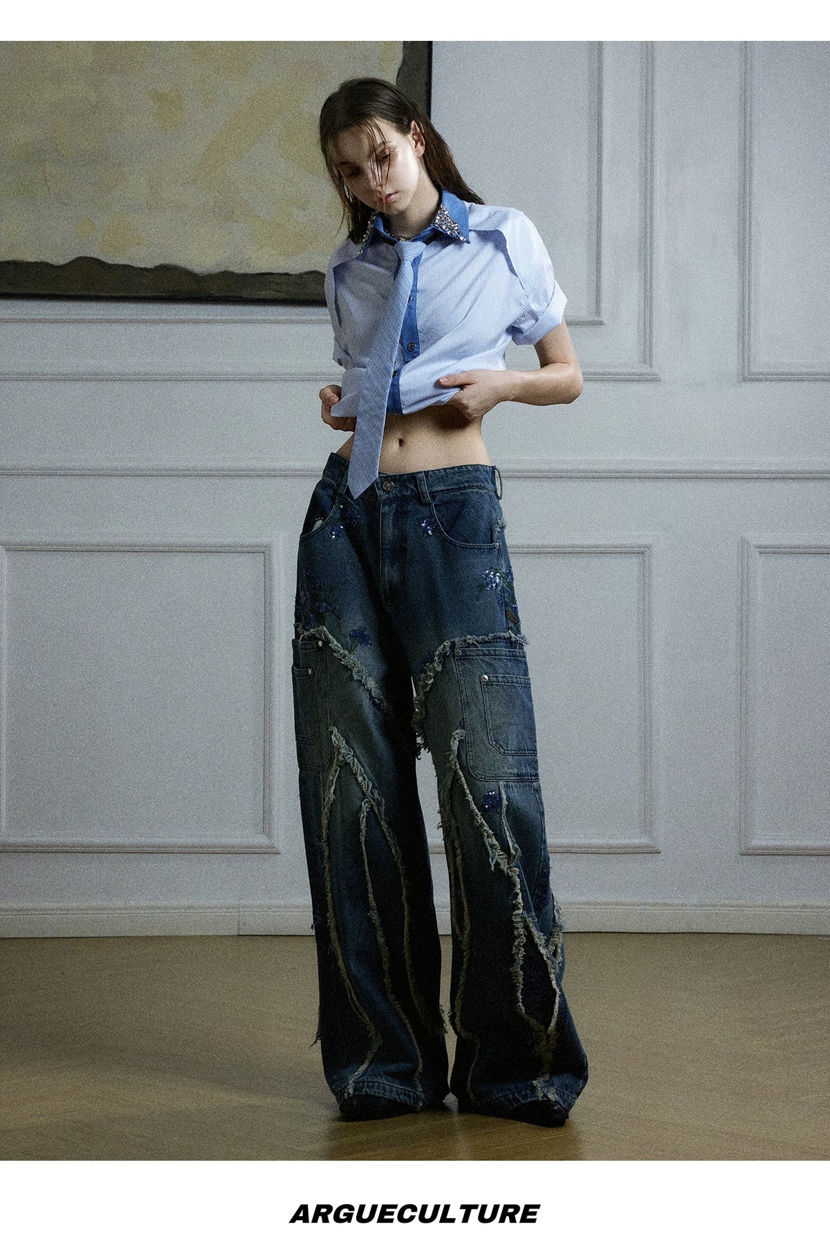 Rhinestone Stripe Tie-Collar Shirt — Blue - Shirt — styling view 4