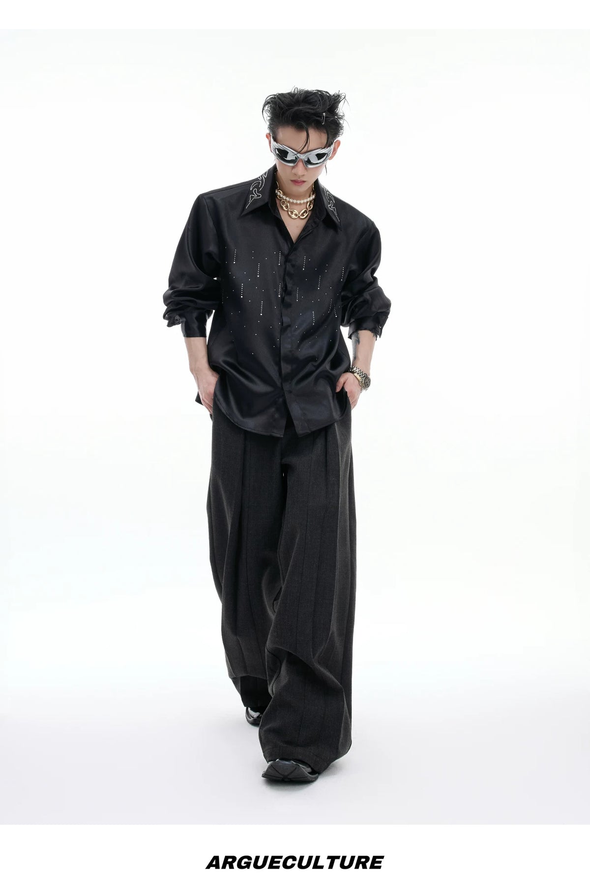 Shimmer Cropped Shirt — Black - Top — styling view 2