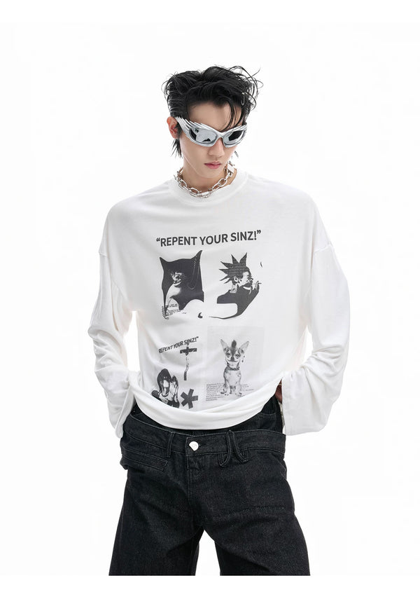 Art-Print Relaxed Long-Sleeve T-Shirt — White — styling view 2