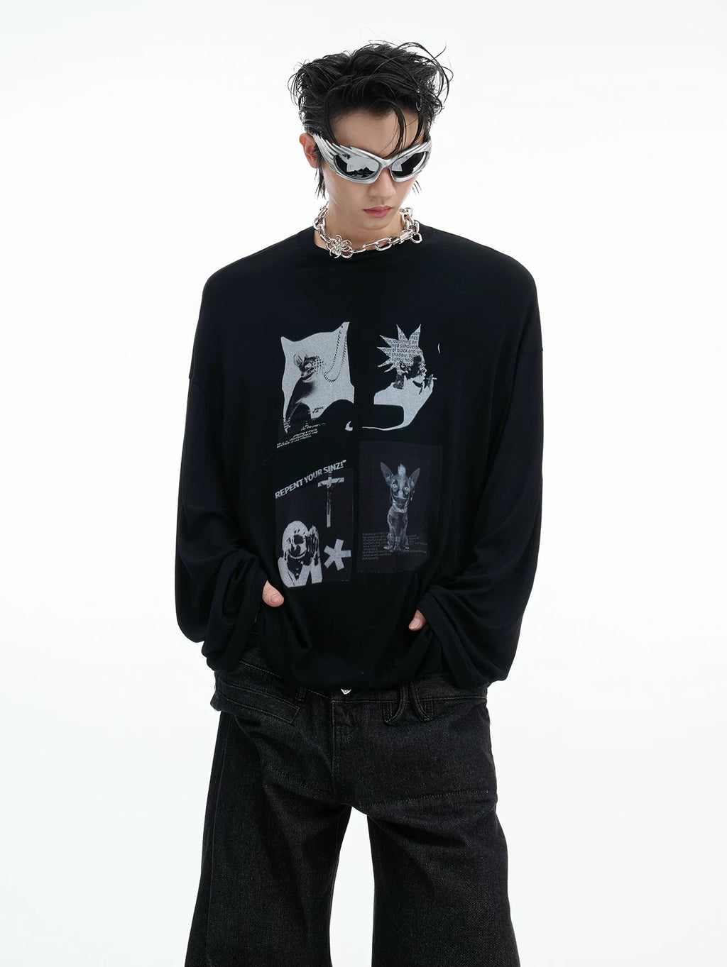 Art-Print Relaxed Long-Sleeve T-Shirt — Black — styling view 1