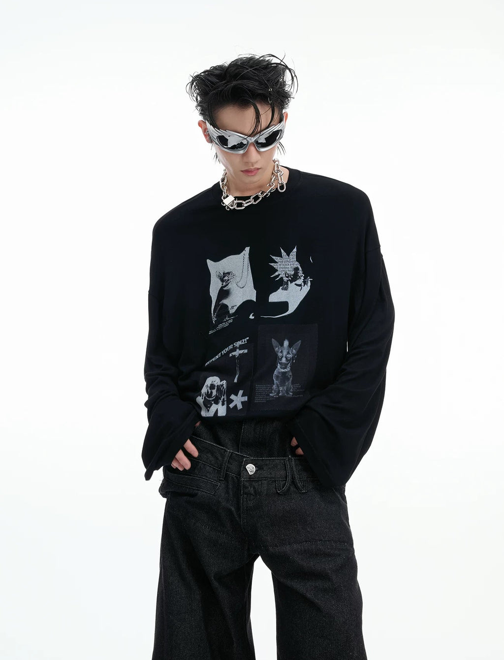 Art-Print Relaxed Long-Sleeve T-Shirt — Black — styling view 2