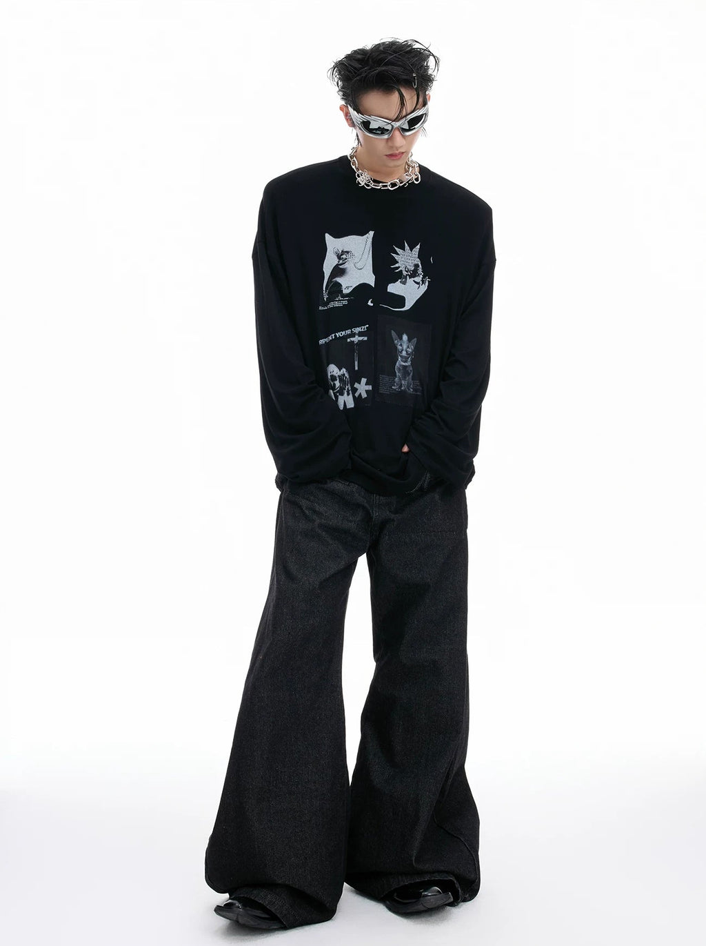Art-Print Relaxed Long-Sleeve T-Shirt — Black — styling view 4