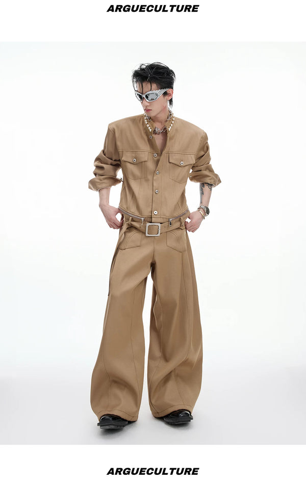 Pearl-Trim Contrast-Stitch Set — Dark Brown - Top / Dark Brown - Pants — styling view 1