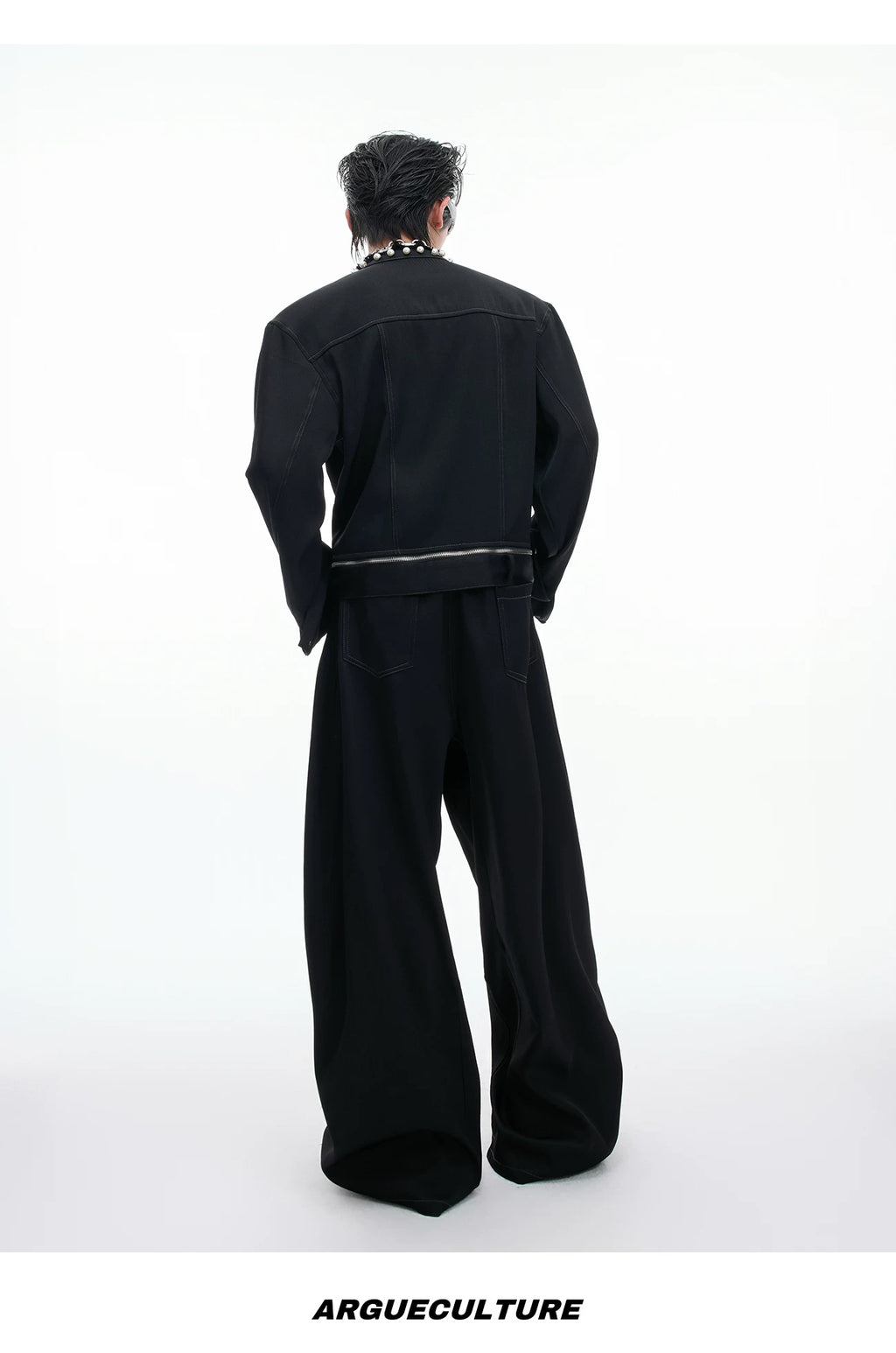 Pearl-Trim Contrast-Stitch Set — Black - Top / Black - Pants — back