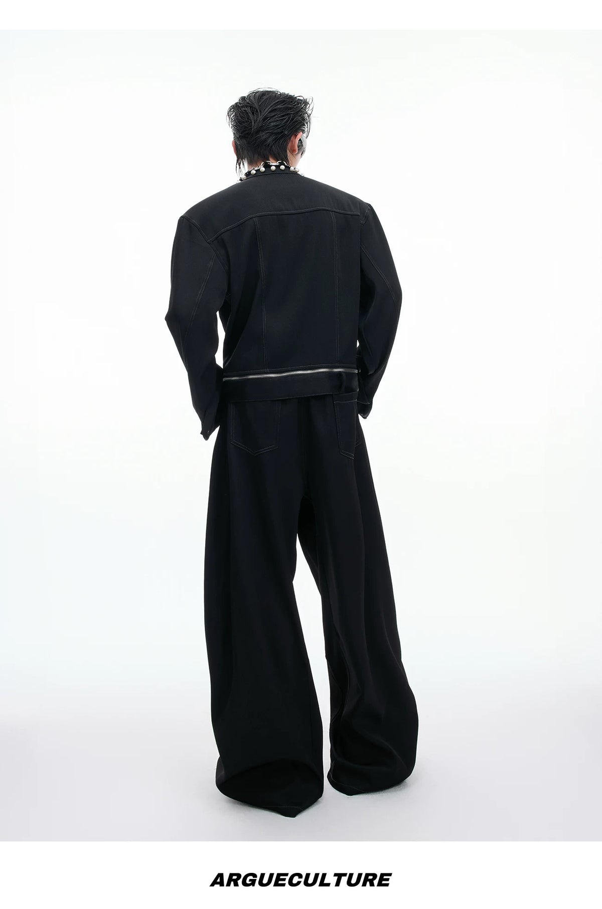 Pearl-Trim Contrast-Stitch Set — Black - Top / Black - Pants — back