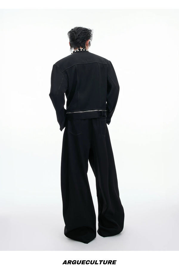 Pearl-Trim Contrast-Stitch Set — Black - Top / Black - Pants — back