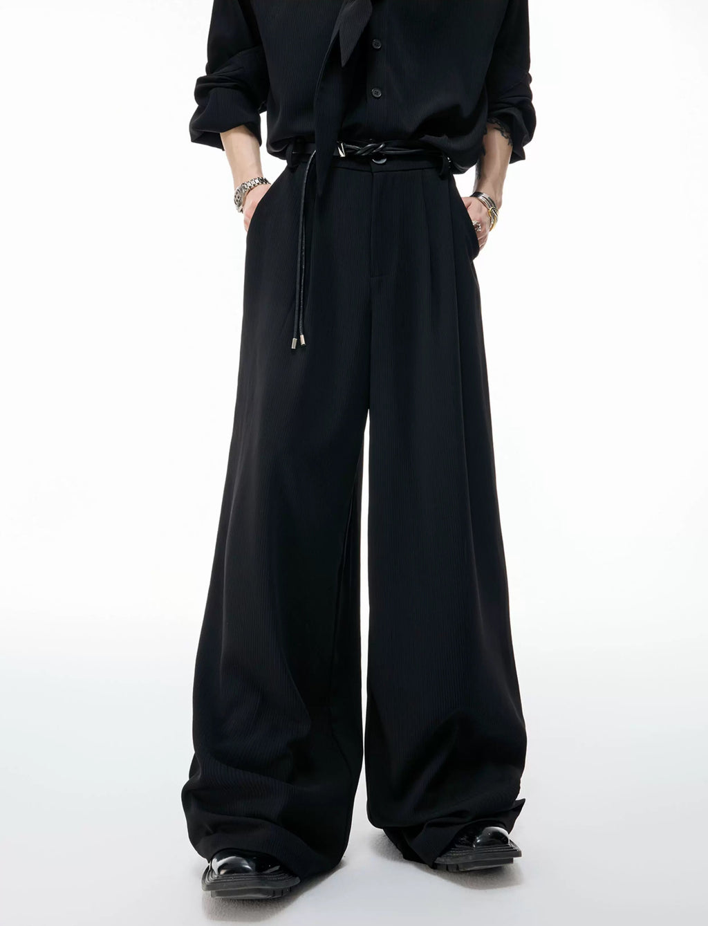 Tie-Neck Padded-Shoulder Shirt and Ribbed Pants Set — Black - With Brooch / Black - With Belt — detail