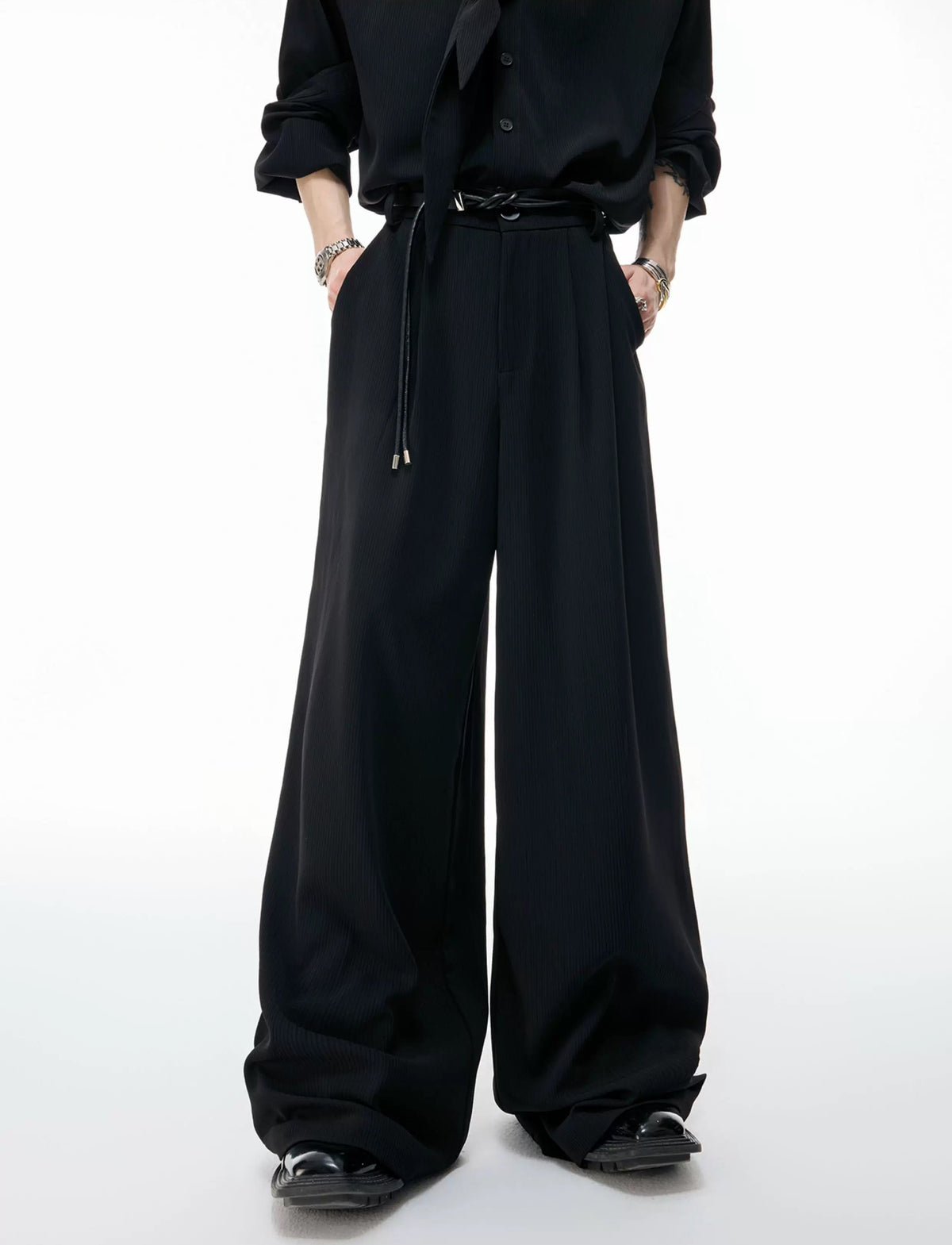 Tie-Neck Padded-Shoulder Shirt and Ribbed Pants Set — Black - With Brooch / Black - With Belt — detail