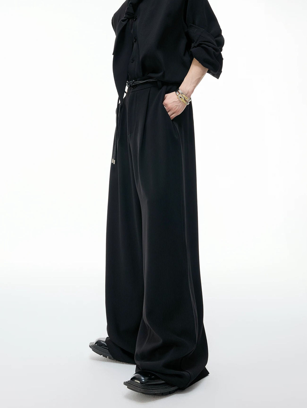 Tie-Neck Padded-Shoulder Shirt and Ribbed Pants Set — Black - With Belt — detail view 2