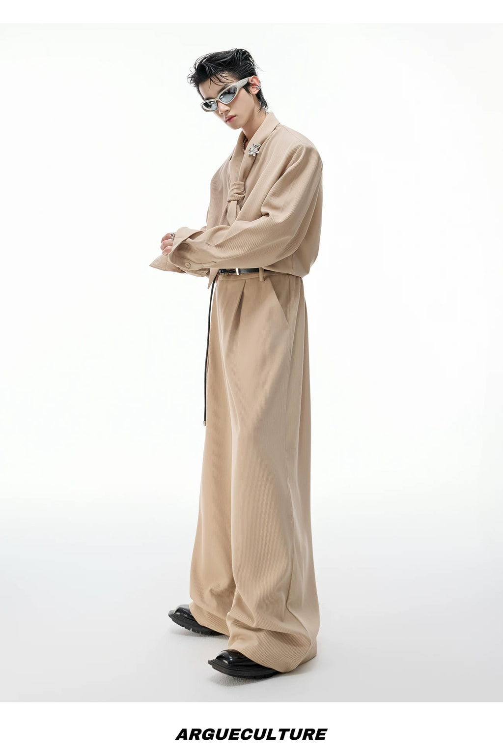 Tie-Neck Padded-Shoulder Shirt and Ribbed Pants Set — Brown - With Brooch / Brown - With Belt — styling