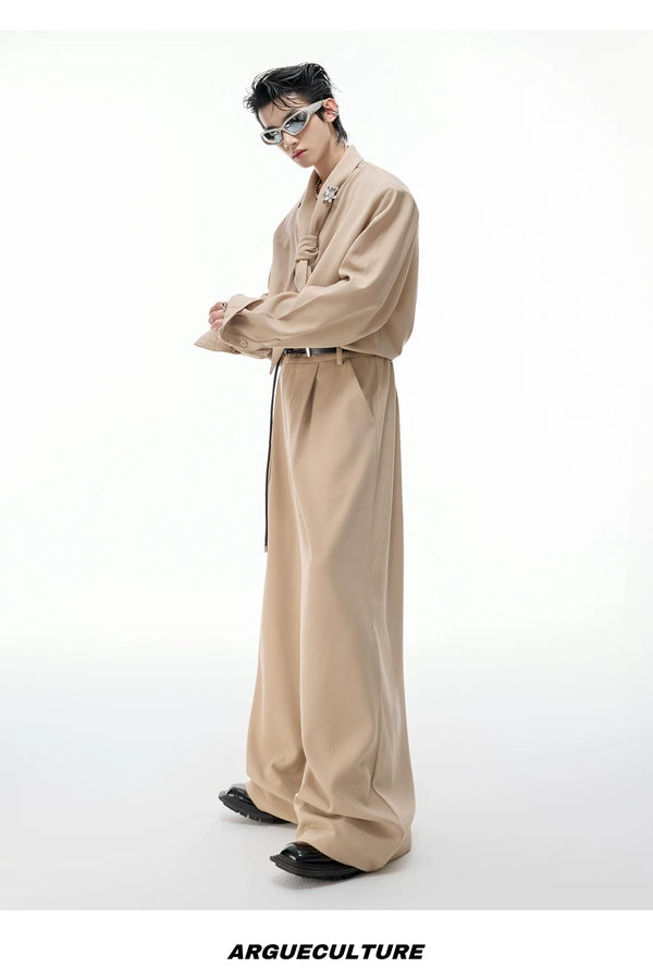 Tie-Neck Padded-Shoulder Shirt and Ribbed Pants Set — Brown - With Brooch / Brown - With Belt — styling