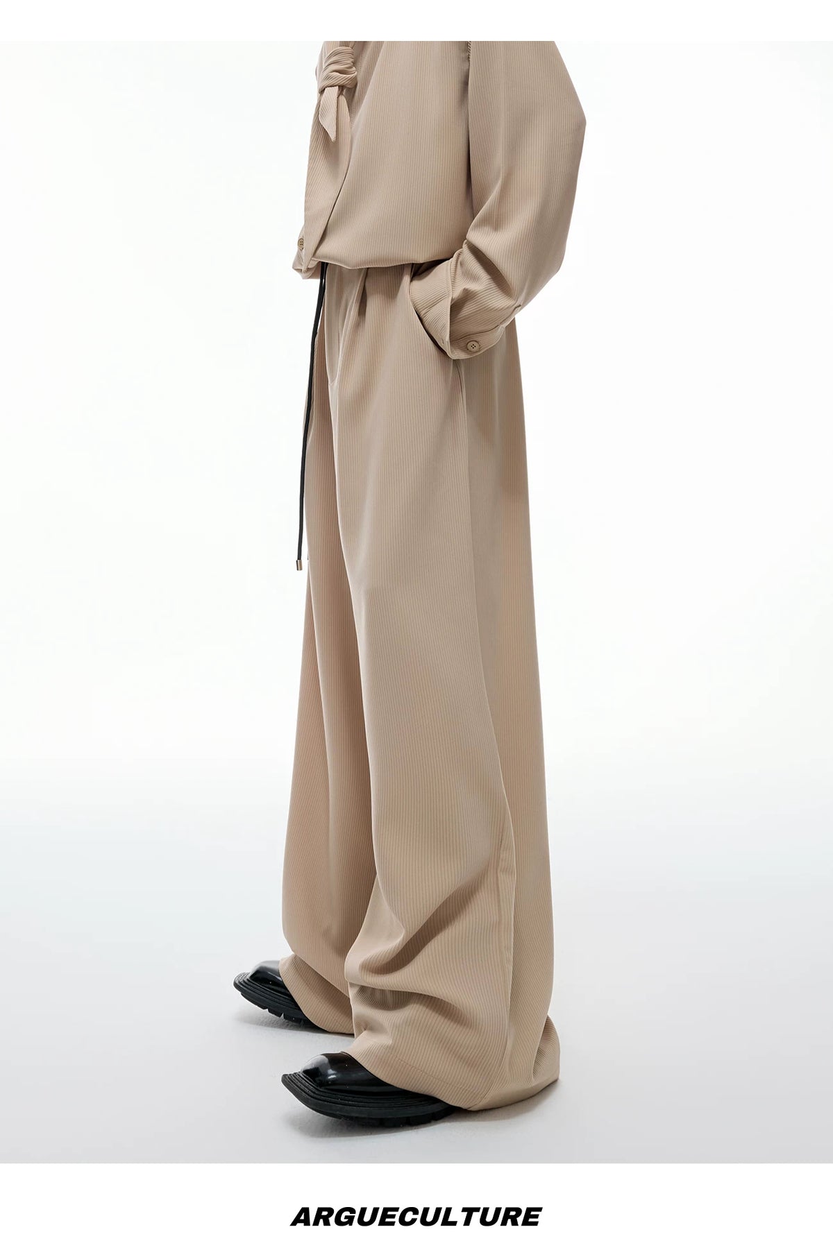 Tie-Neck Padded-Shoulder Shirt and Ribbed Pants Set — Brown - With Belt — detail