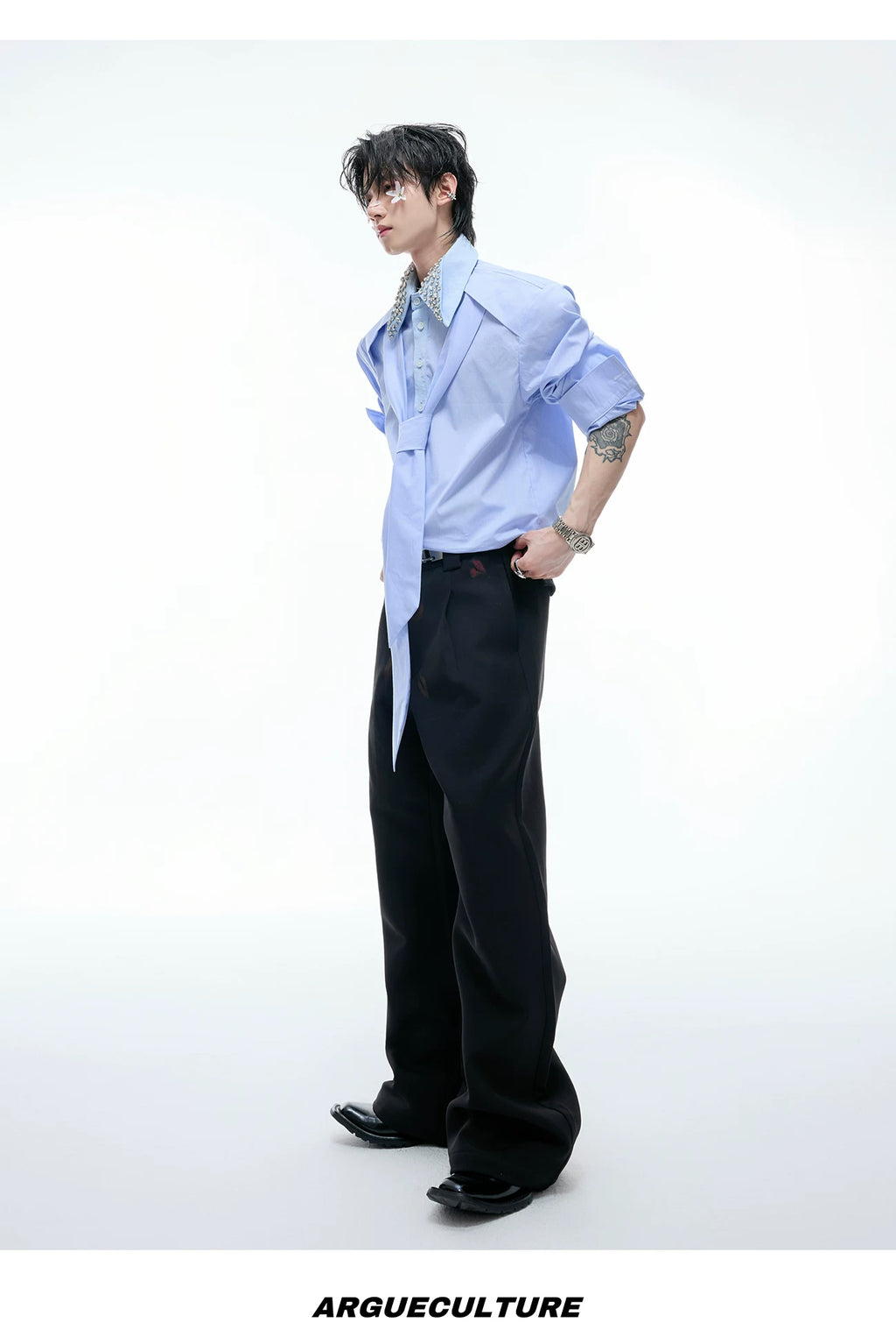 Rhinestone-Collar Contrast-Panel Shirt — Blue - Top — styling