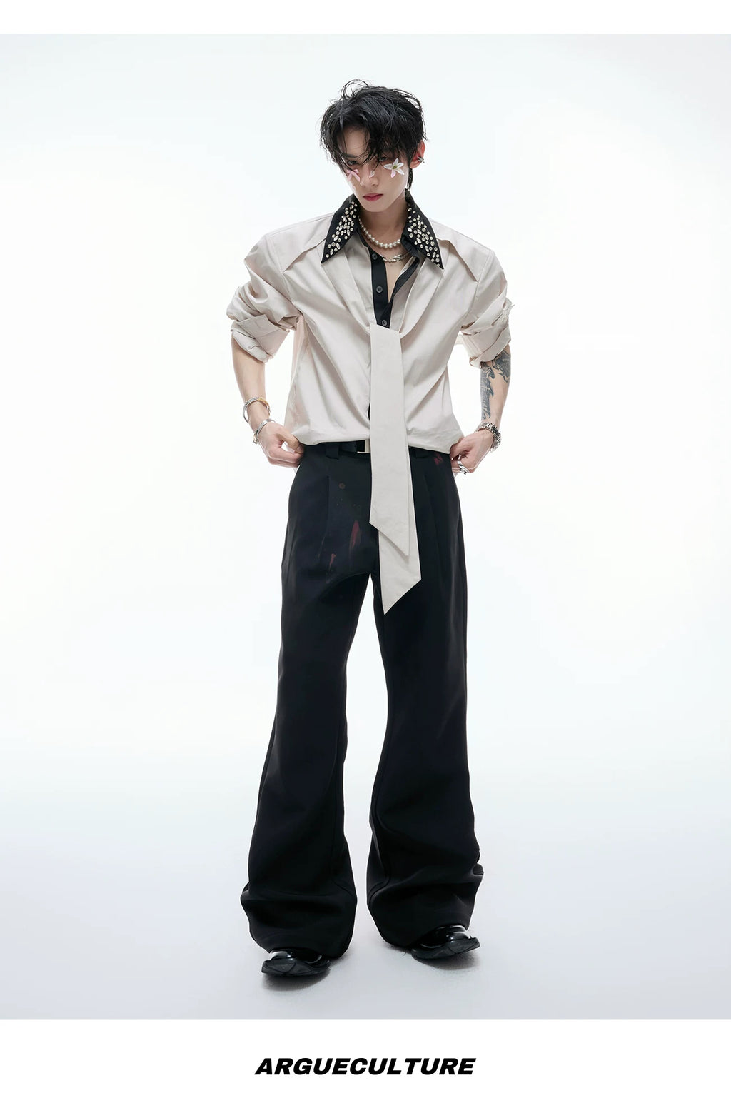 Rhinestone-Collar Contrast-Panel Shirt — Khaki - Top — styling view 2