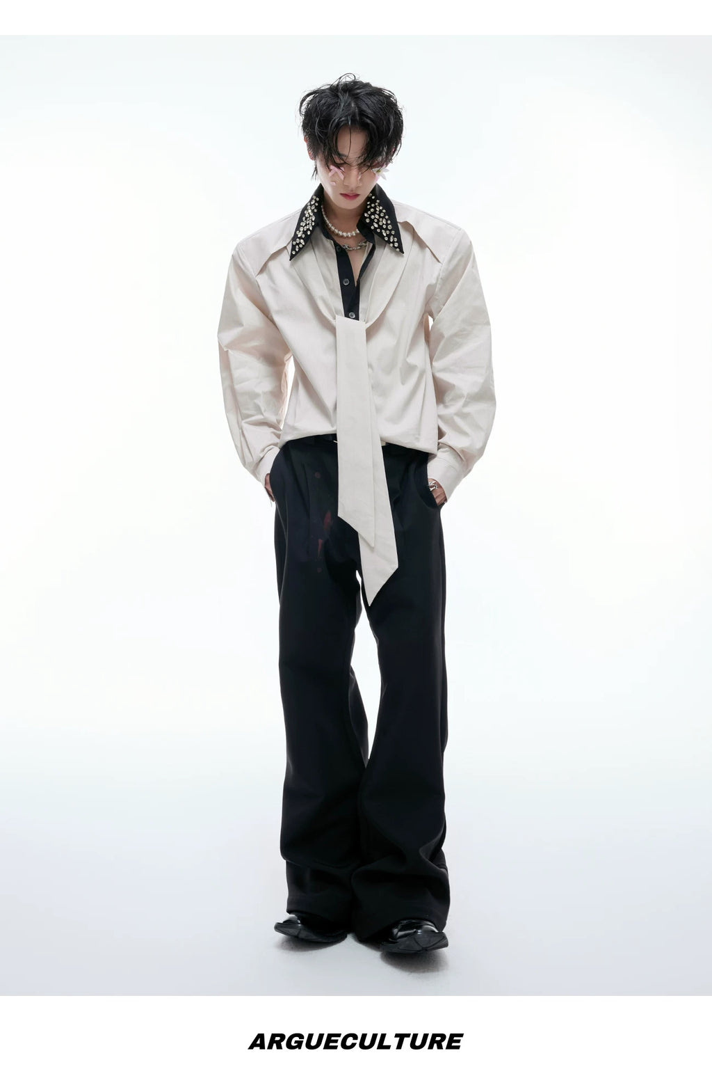 Rhinestone-Collar Contrast-Panel Shirt — Khaki - Top — styling view 5