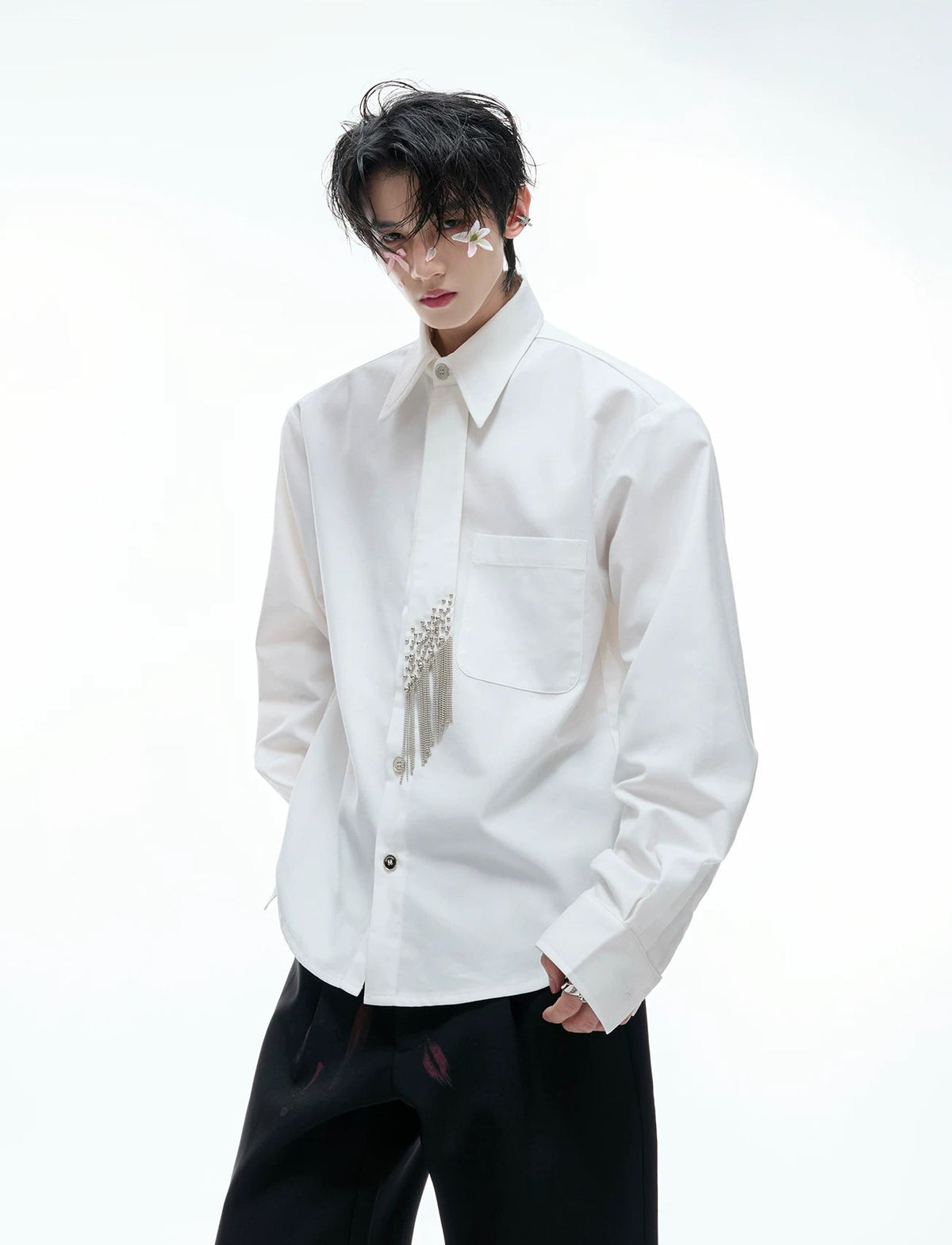 Tie-Panel Padded-Shoulder Shirt — White - Top — styling view 1